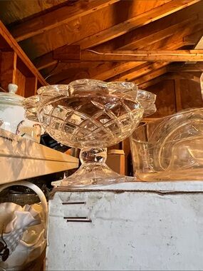 Vintage Cut Glass Pedestal Compote Bowl - Clear Crystal Look